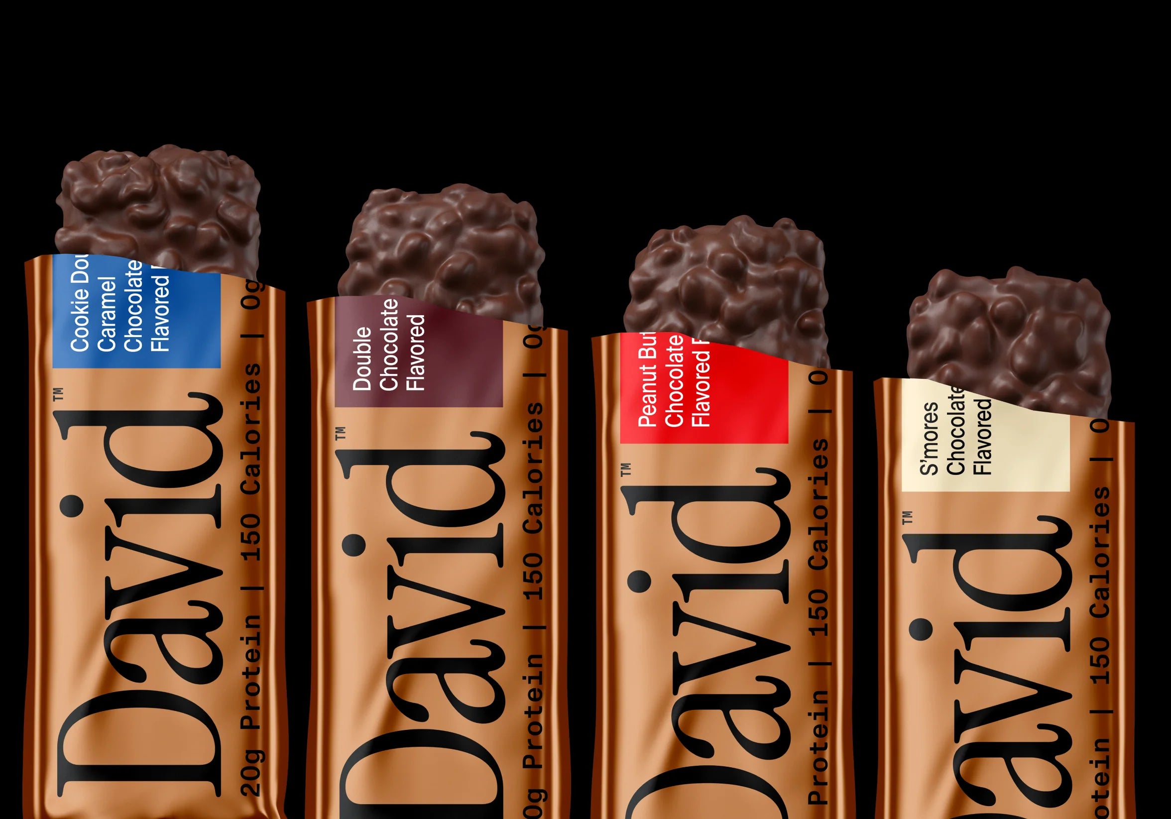 David's Crunch Bars in four flavors—Cookie Dough Caramel, Double Chocolate, Peanut Butter, and S’mores—highlighting their protein-rich, low-calorie snack appeal.