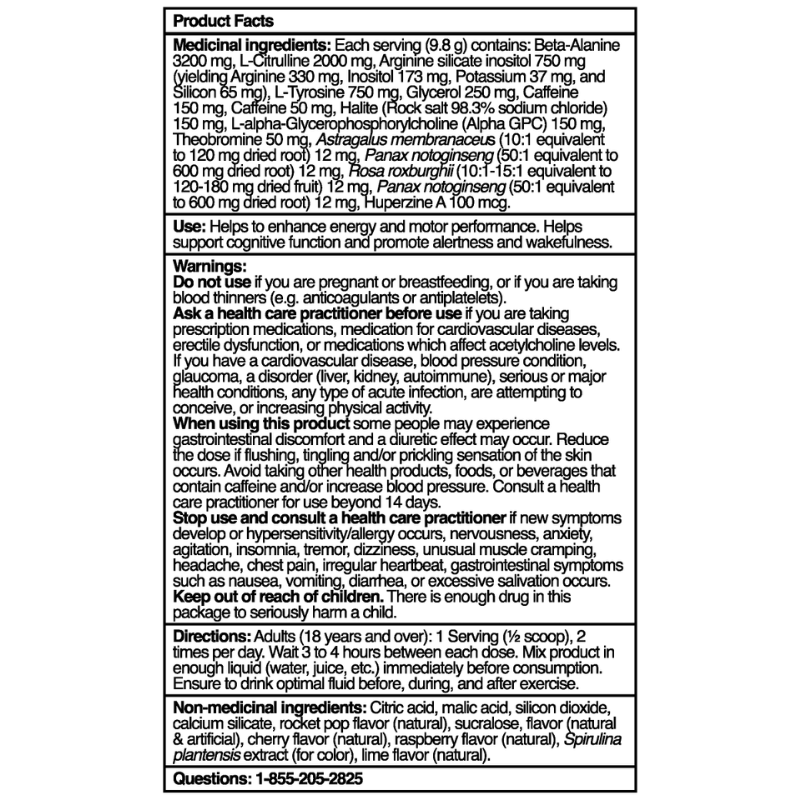 Mother Bucker Pre-workout 40 serv label displaying supplement facts, warnings, and directions for an advanced performance-enhancing energy drink with high stimulant content for experienced athletes.
