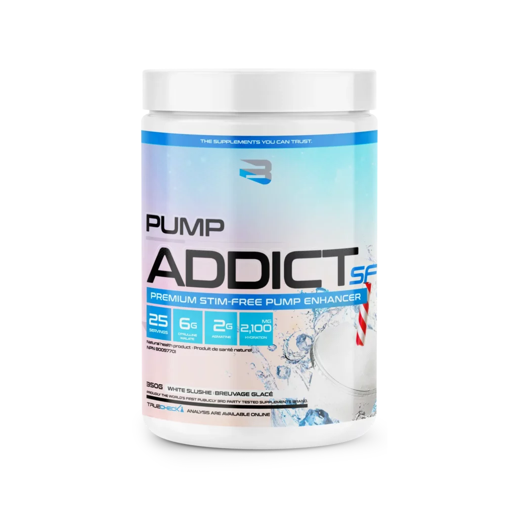 Believe Pump Addict Stim Free 25 Serv container with blue and white label, designed to enhance muscular endurance and performance without caffeine.