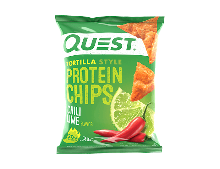 Quest Protein Chips bag with lime and red pepper imagery, highlighting 18g protein, 4g net carbs, 1g sugar, and 1g fiber.