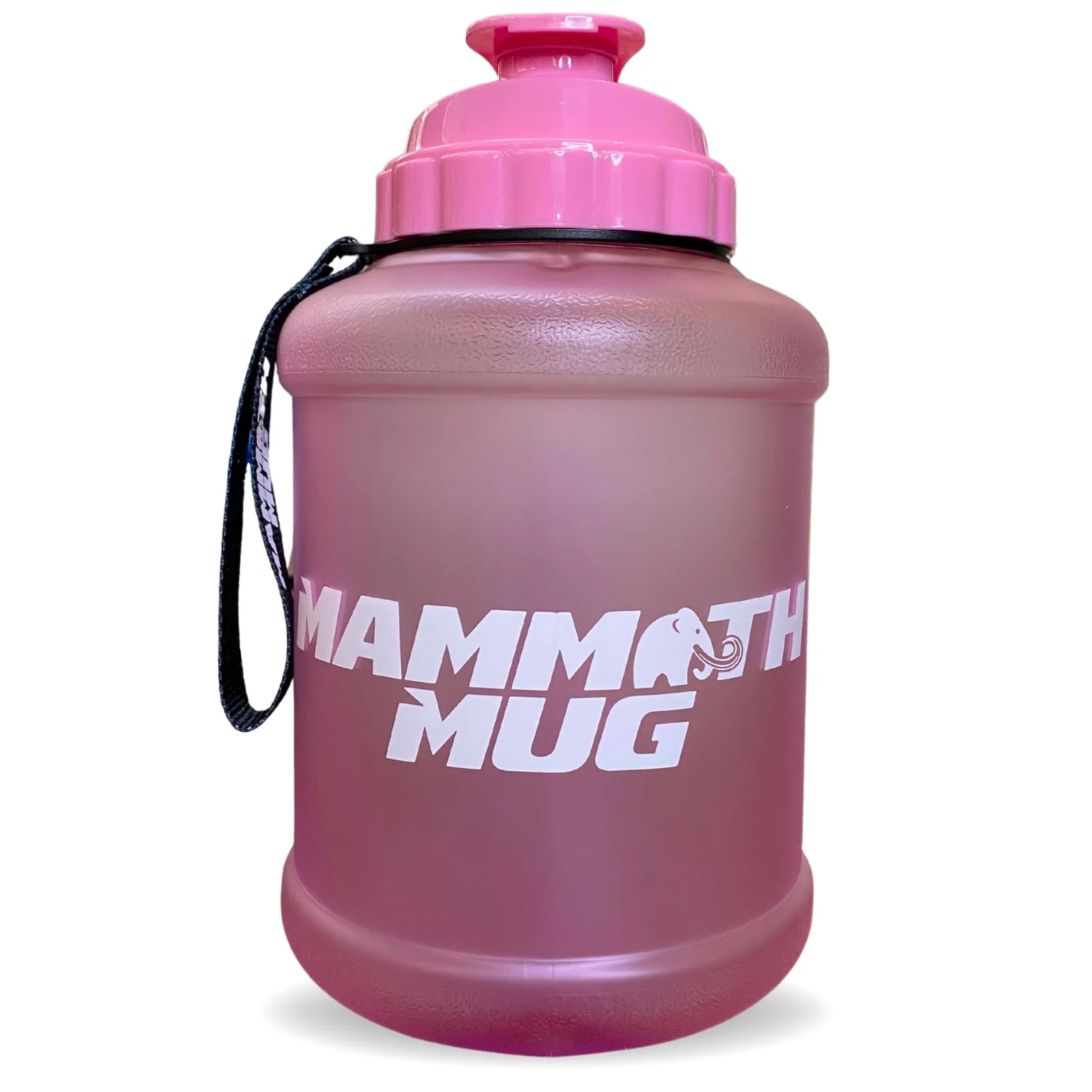 Mammoth Mug 2.5L with redesigned leak-proof lid, wrist lanyard, and engraved scale for tracking intake; ideal for fitness enthusiasts.
