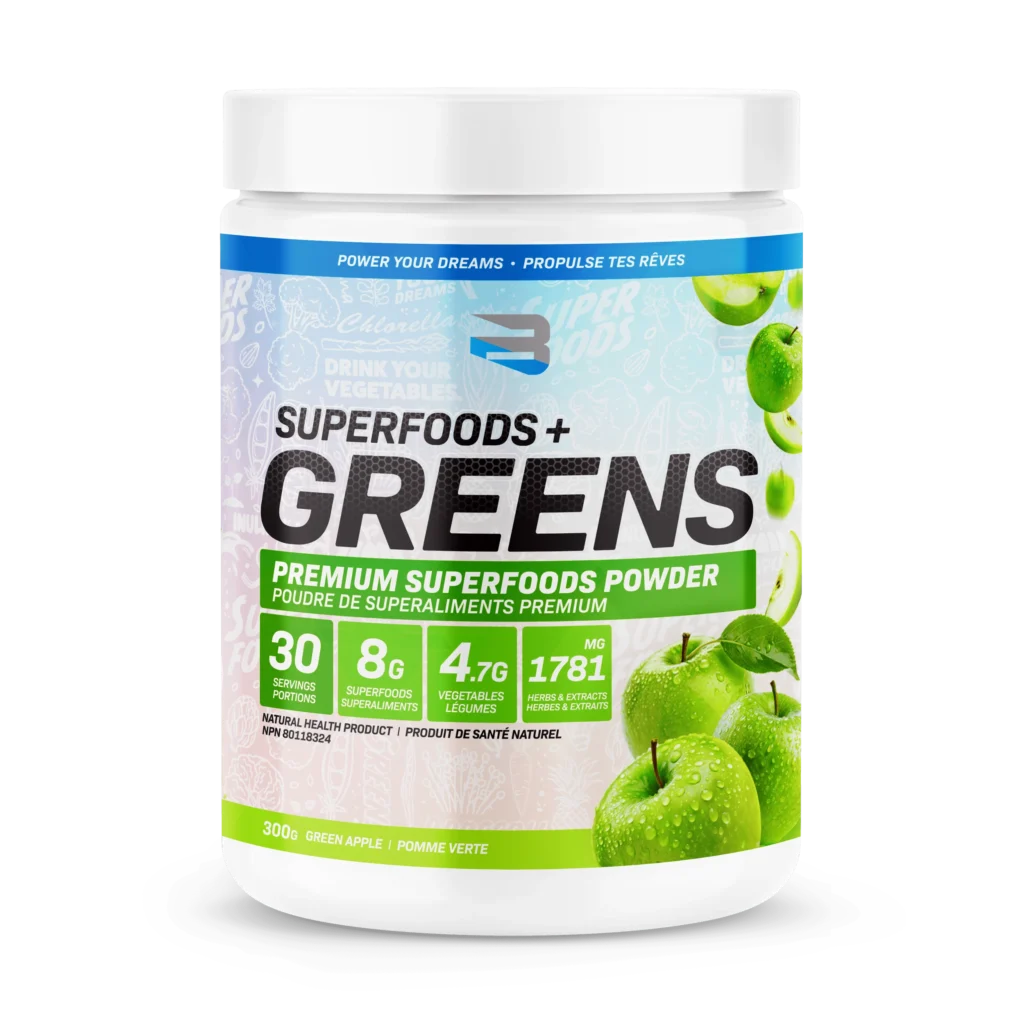 Believe Superfoods + Greens - 30 Servings tub featuring green-apple-flavored superfood powder, highlighting immune support, micronutrients, and organic ingredients for enhanced health and energy.
