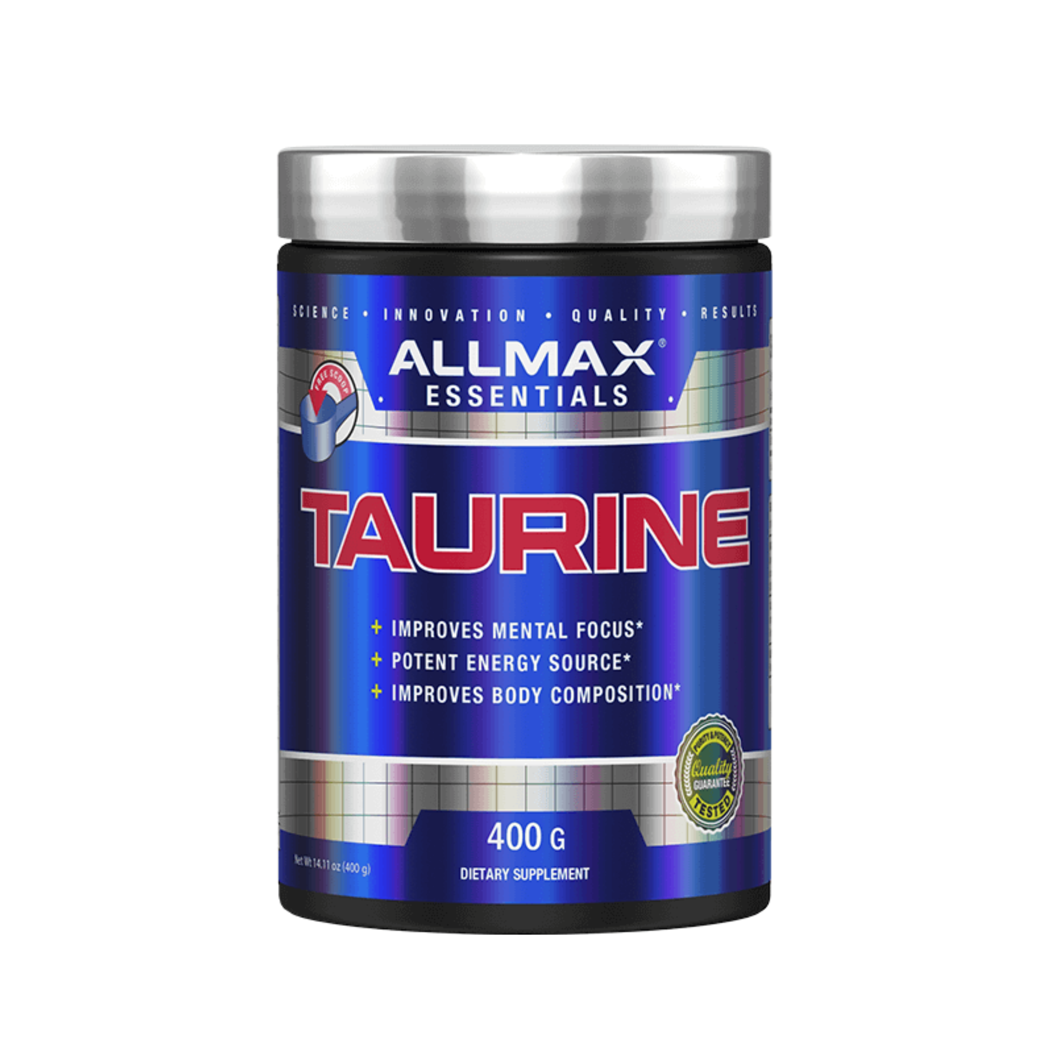 Allmax Taurine 400g can, a supplement for muscle recovery and cell volumizing, displayed in a blue and silver container.