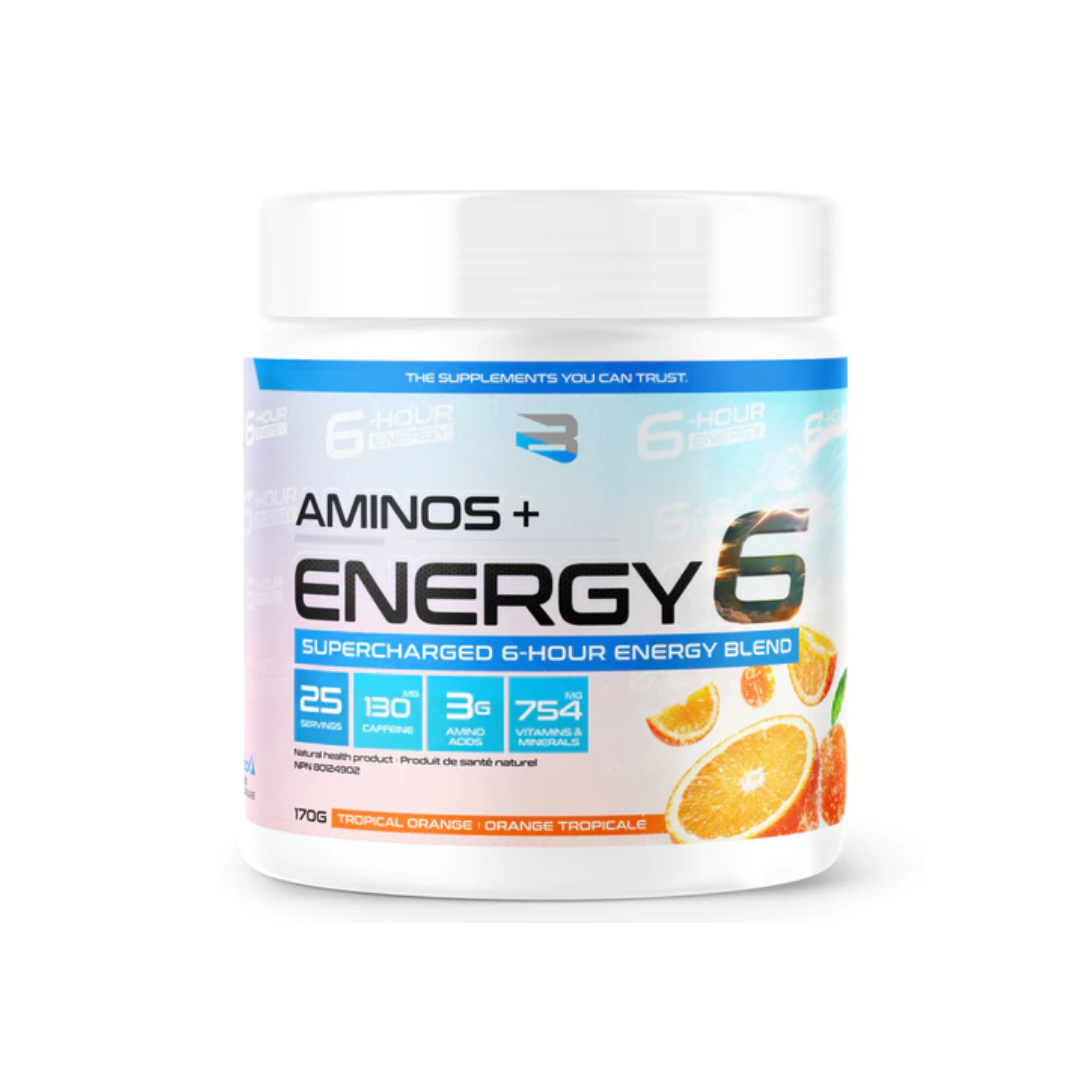 Believe Aminos + Energy6 - 25 Servings, a white plastic container with a blue label, features oranges, offering extended focus and energy for sports, work, or study sessions.