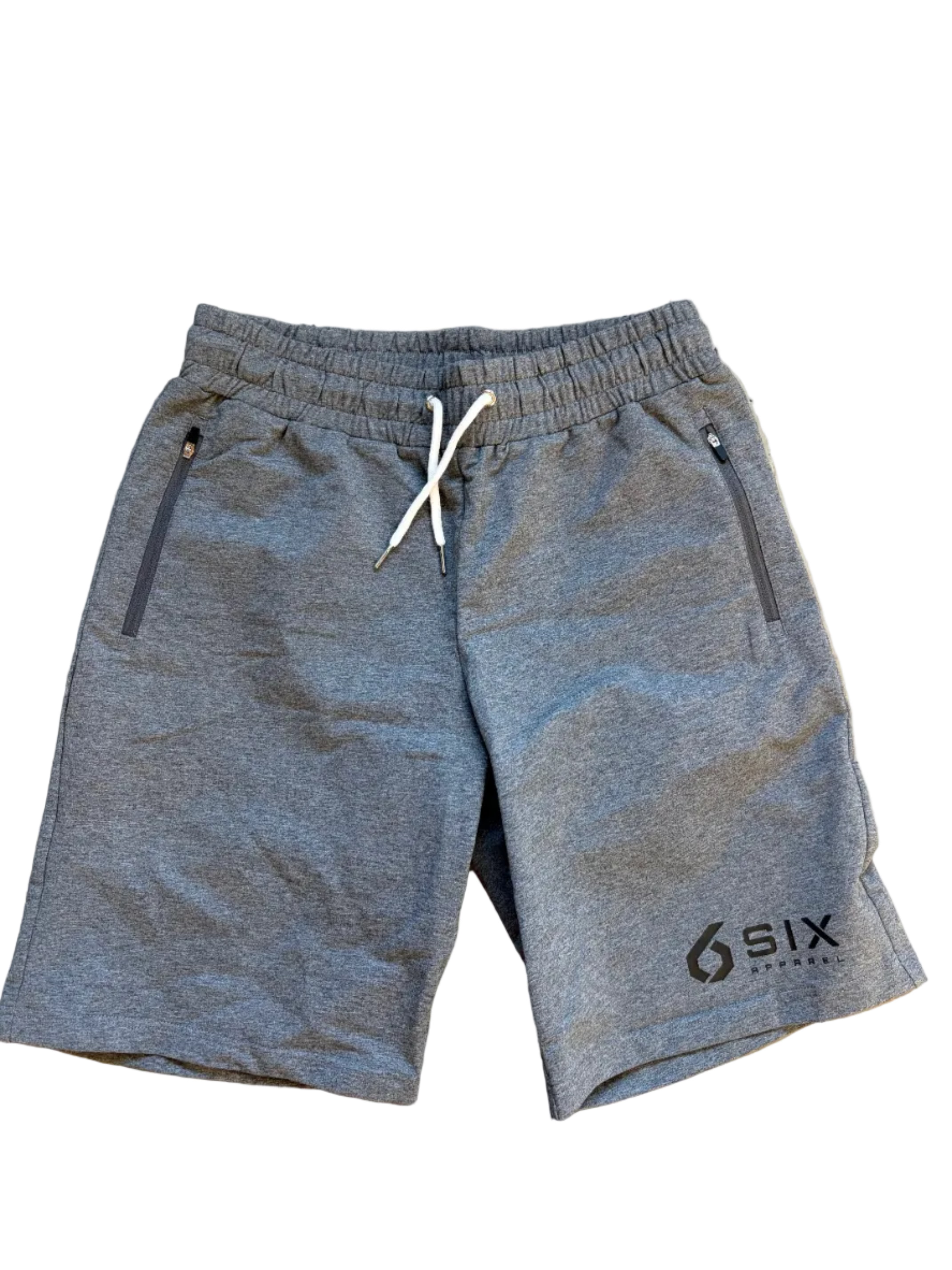 SIX Apparel Men's Shorts in heather gray feature an elastic waistband, zippered pockets, and a screen-printed logo, ideal for athletic performance.
