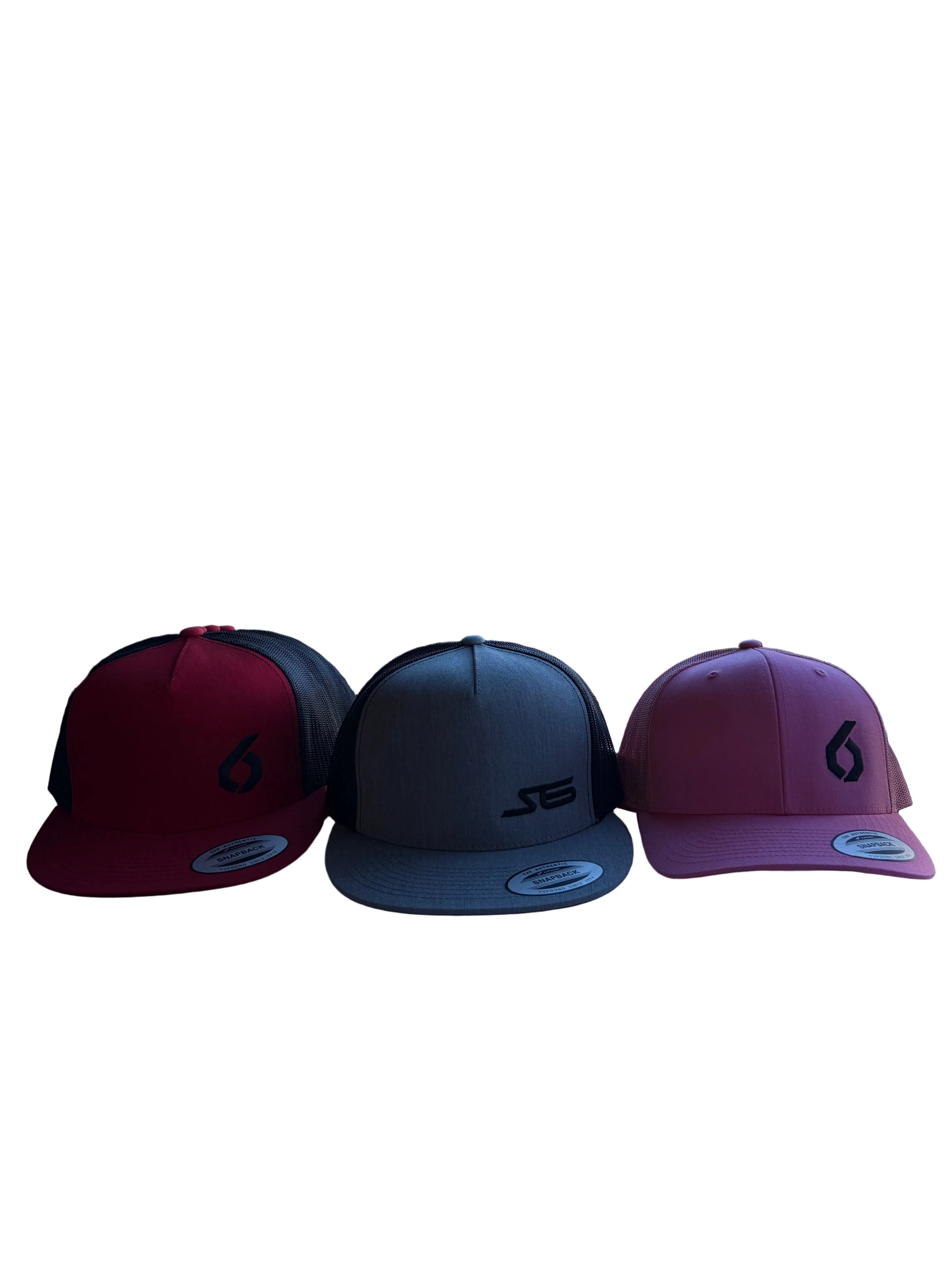 S6 Snapback Hat lineup featuring burgundy, gray, and pink caps with mesh backs, embroidered logos, and adjustable snap closures for gym or everyday wear.