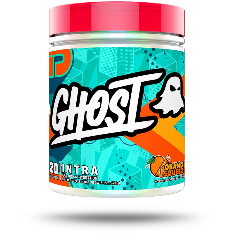 GHOST Intra EAA/BCAA supplement tub, Orange Squeeze flavor, 20 servings, 15.2 oz. Features 10g EAAs, Taurine, Cognizin®, KSM66® for hydration and focus.