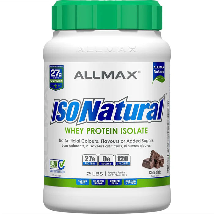 Allmax IsoNatural 2lb protein powder in white container with green lid, featuring 27g protein, zero fat, zero sugar, gluten-free, with prebiotics for gut health.
