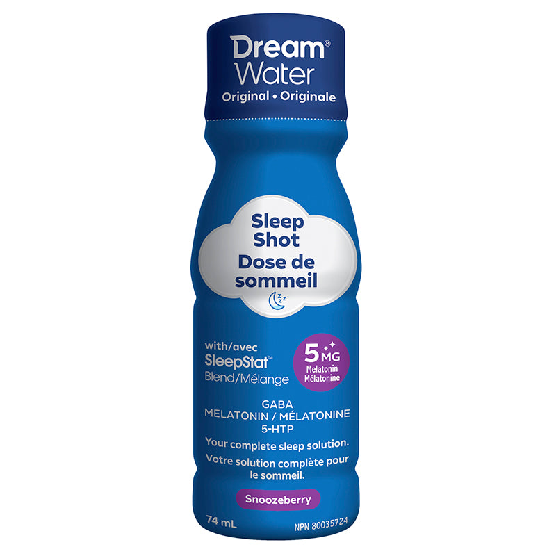 Dream Water Sleep Shot, a 74 mL bottle, features a Snoozeberry flavor and SleepStat™ Blend with GABA, 5-HTP, and 5 mg melatonin for improved sleep.