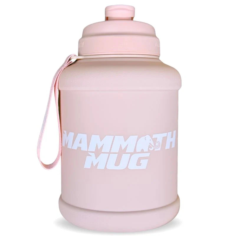 Mammoth Mug 2.5L with strap and handle, featuring a redesigned lid, wide mouth, and engraved scale for tracking water intake.