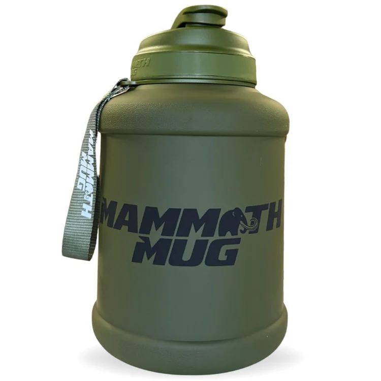 Mammoth Mug 2.5L with wrist lanyard, engraved scale, wide mouth, twist-off cap, and handle for easy carrying and intake tracking.