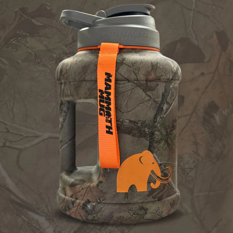 Mammoth Mug 2.5L with camouflage design and orange ribbon, ideal for fitness enthusiasts seeking durable hydration solutions.