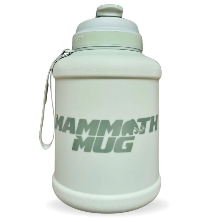 Mammoth Mug 2.5L with redesigned lid, built-in handle, and engraved scale for tracking water intake. Includes leak-proof cap and wrist lanyard for easy carrying.