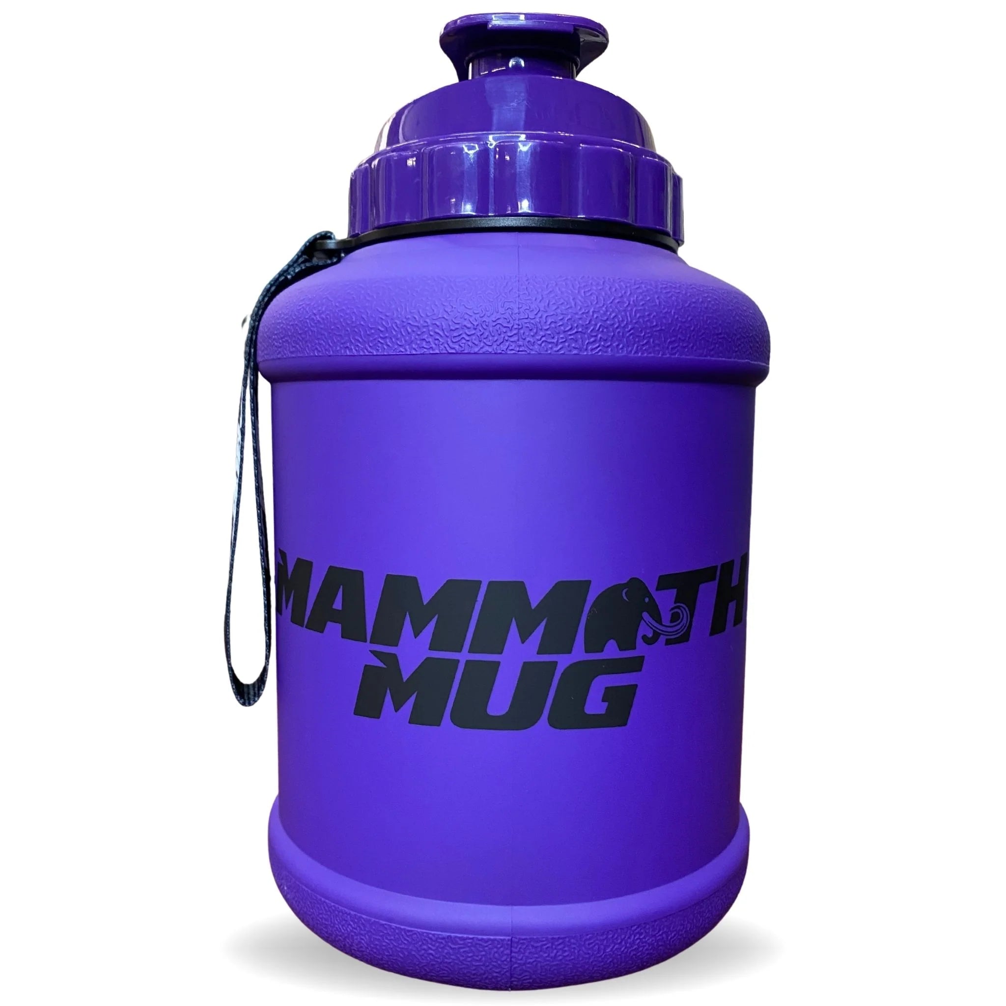 Mammoth Mug 2.5L with black handle, wrist lanyard, and engraved intake scale, ideal for fitness enthusiasts seeking a leak-proof, easy-to-clean hydration solution.