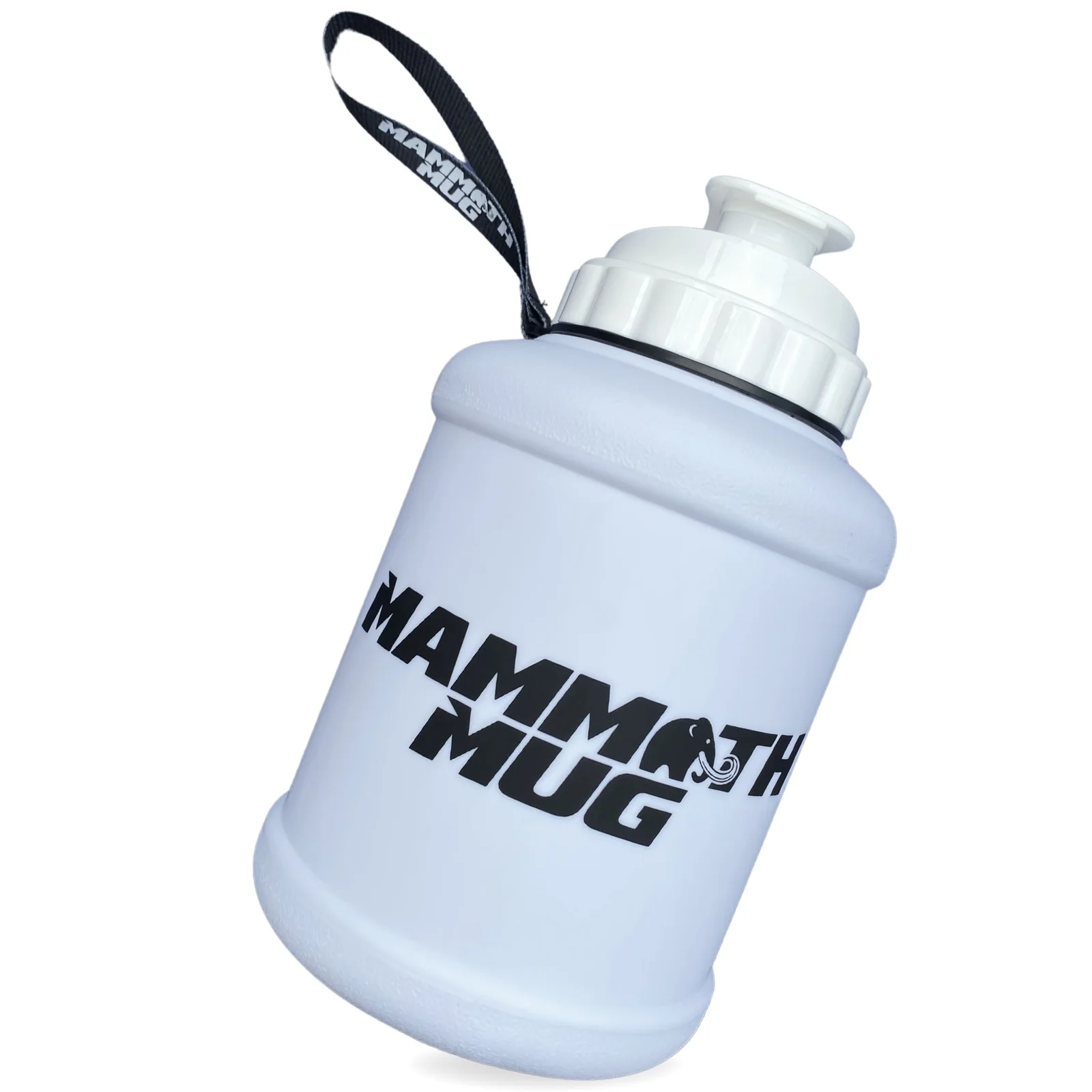 Mammoth Mug 2.5L white water bottle with black strap, redesigned lid, built-in handle, wide mouth, engraved scale, and leak-proof cap for easy hydration tracking.