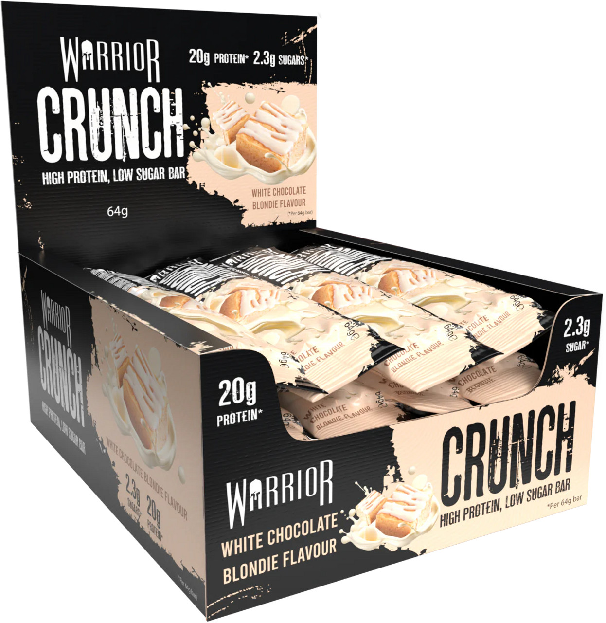 Warrior Crunch Bar Box of 12 featuring high-protein, low-carb bars with gooey caramel and chocolate layers, perfect for fitness enthusiasts.