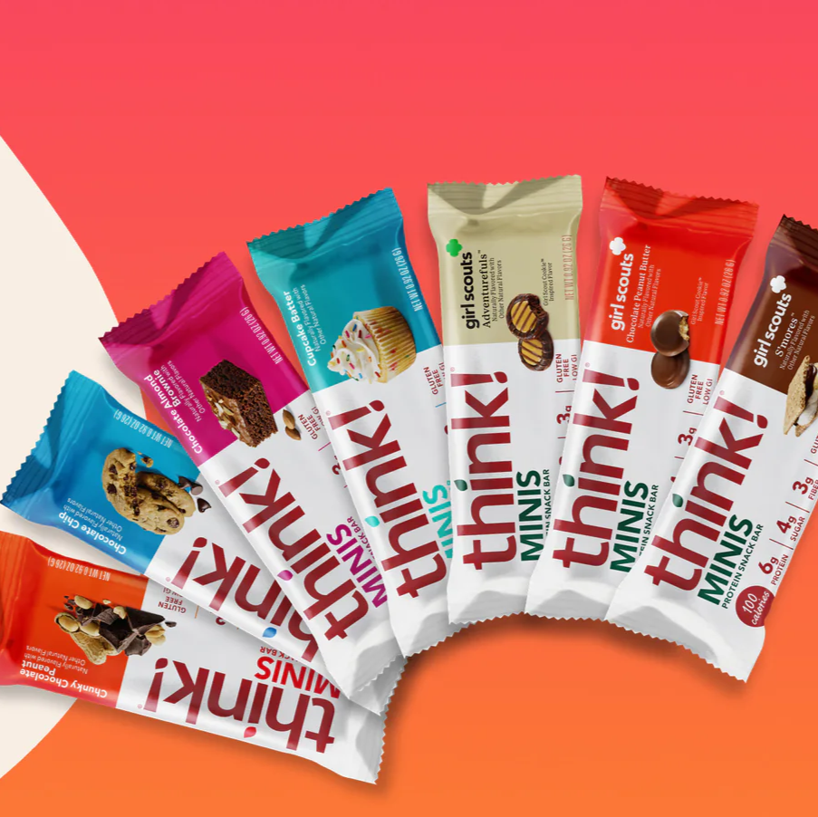 Think! Protein Bars, keto-friendly, dessert-flavored, featuring small candy packages, offer 6g protein, 5g sugar, and 3g fiber, ideal for fitness enthusiasts.