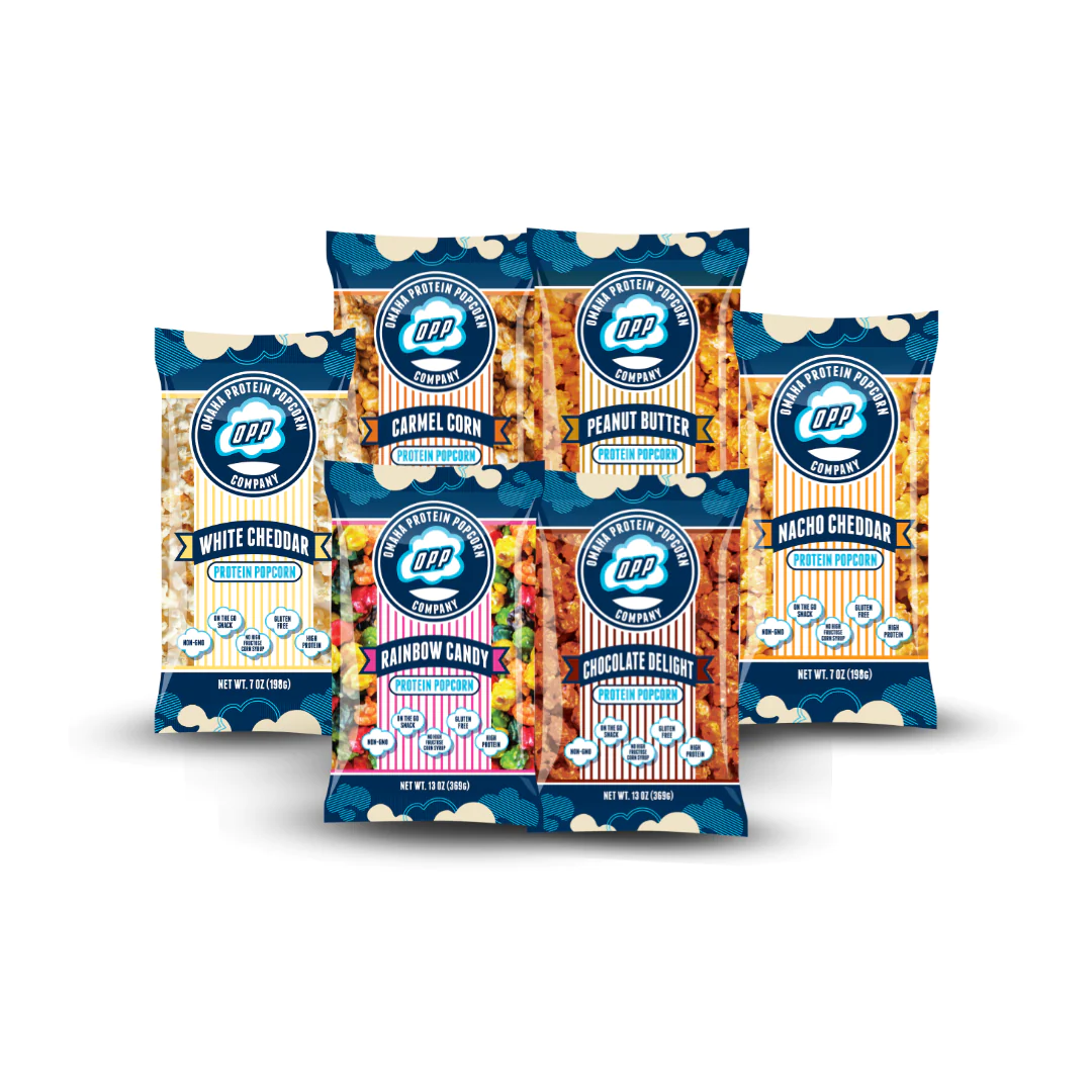 Omaha Protein Popcorn MINI bags showcase six flavors, combining high-protein, gluten-free snacks with delicious taste, ideal for fitness enthusiasts seeking healthy indulgence.