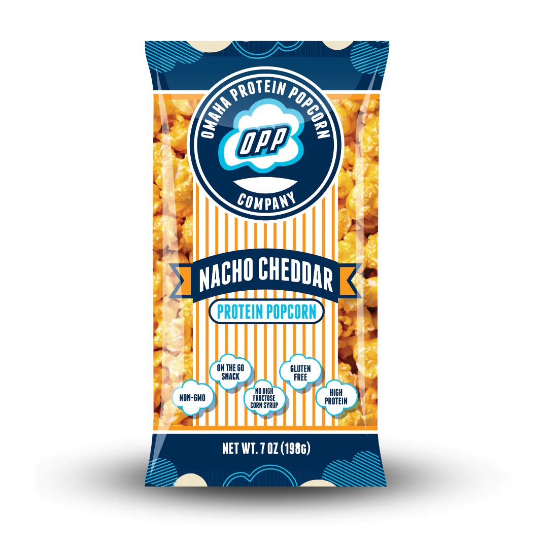 Omaha Protein Popcorn MINI, Nacho Cheddar flavor, 7-ounce pouch with high-protein, gluten-free, non-GMO claims, featuring visible cheesy popcorn through a branded window.