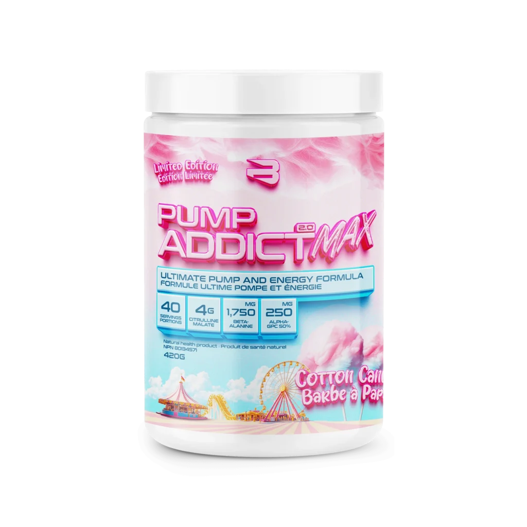 Believe Pump Addict MAX 420g tub, limited-edition cotton-candy flavor, features 40 servings, 4g citrulline malate, 1,750mg beta-alanine, carnival-themed label.