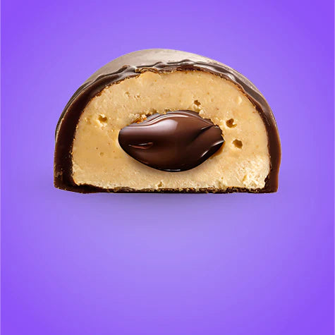 SNCK Protein Bar with a milk-chocolate shell, creamy peanut-butter layer, and chocolate ganache center, offering candy-like taste with added protein.