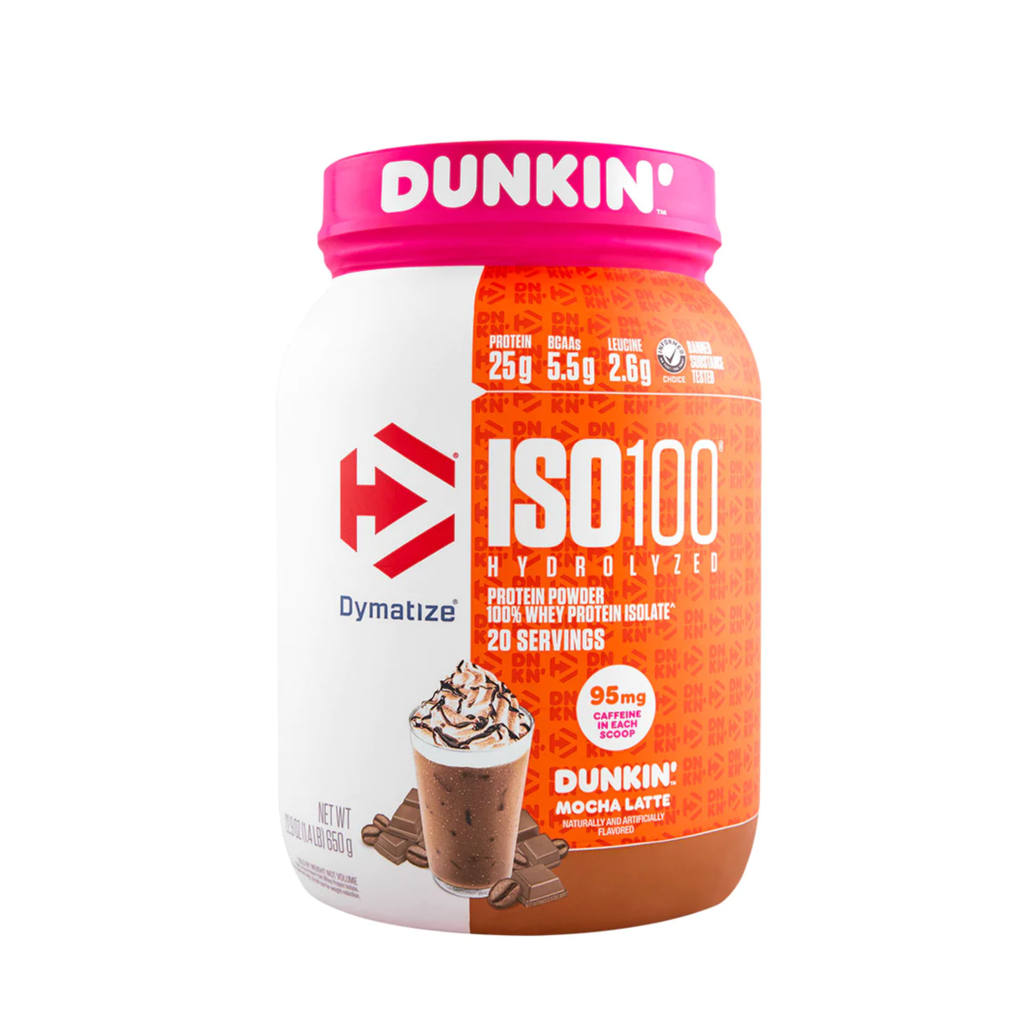 Dymatize ISO100 1.6lb protein powder with Dunkin' Cappuccino flavor, featuring a white plastic container with a pink lid.