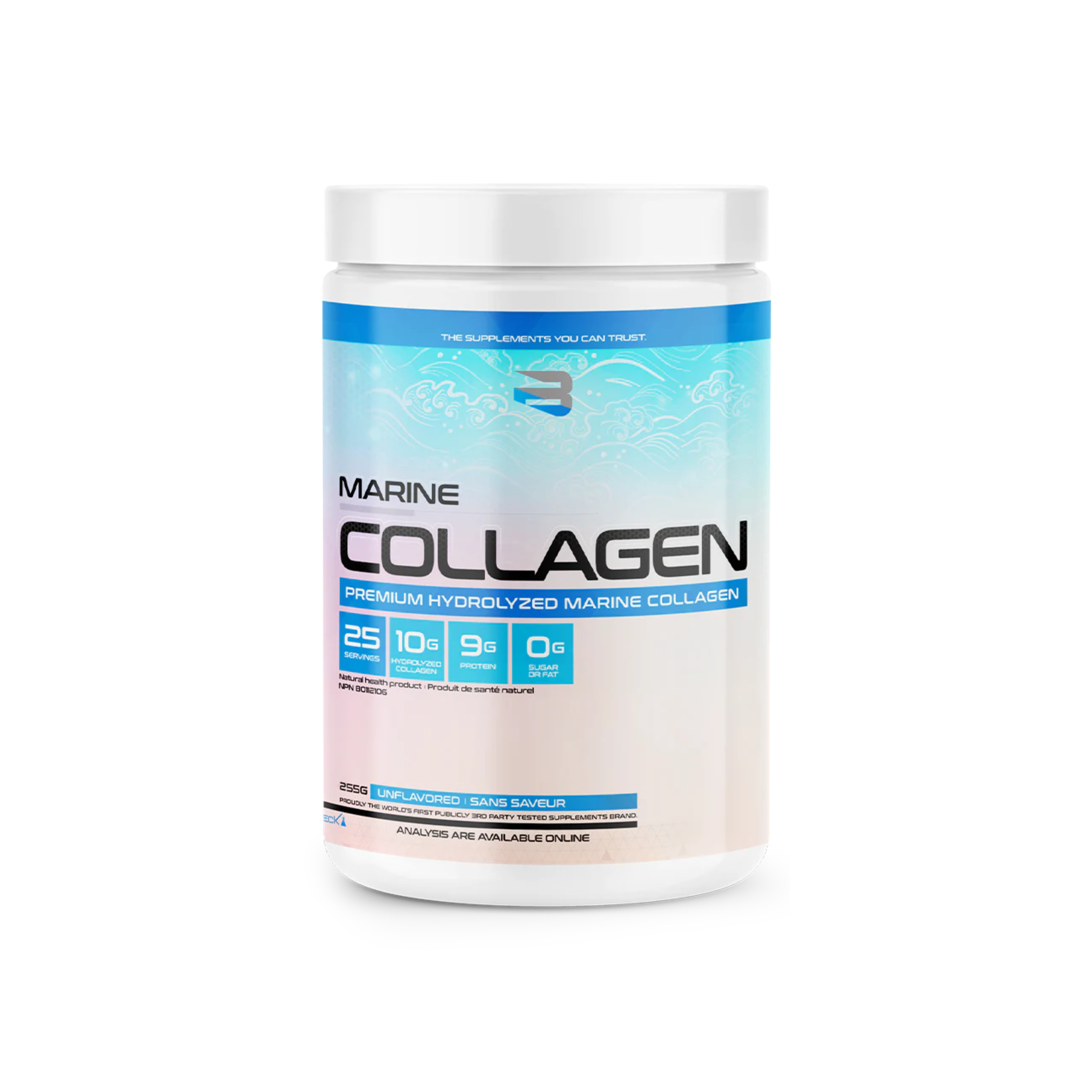 Believe Marine Collagen container with blue and white label, promoting joint health and skin aesthetics, ideal for athletes and fitness enthusiasts seeking enhanced recovery and appearance.