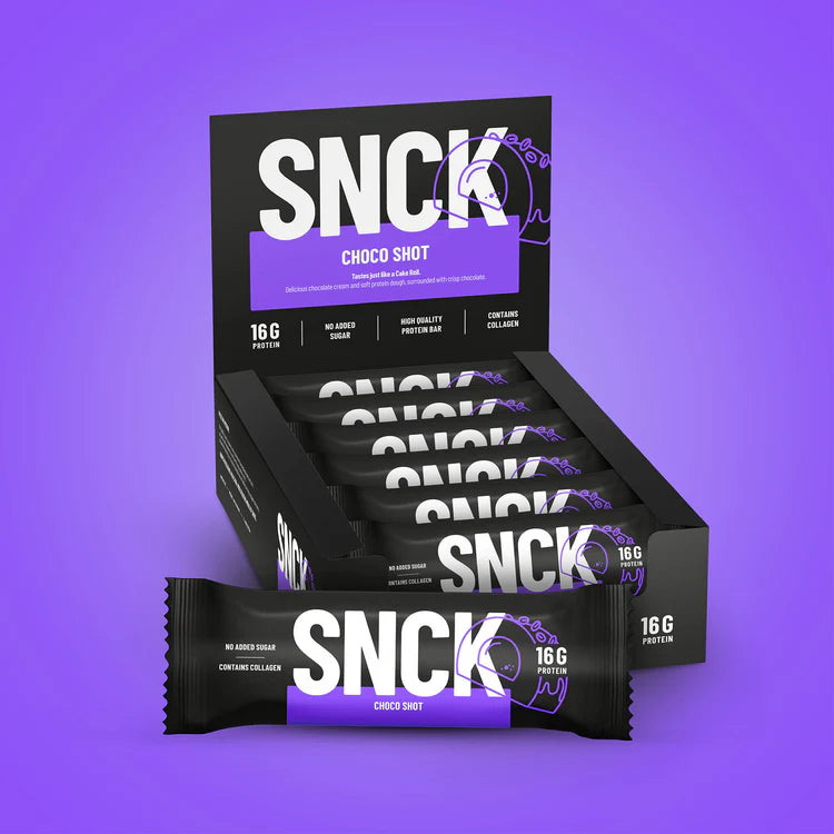 SNCK Protein Bar display box with bars labeled Choco Shot, featuring 16g protein, no added sugar, and added collagen, ideal for fitness enthusiasts seeking a tasty, nutritious snack.
