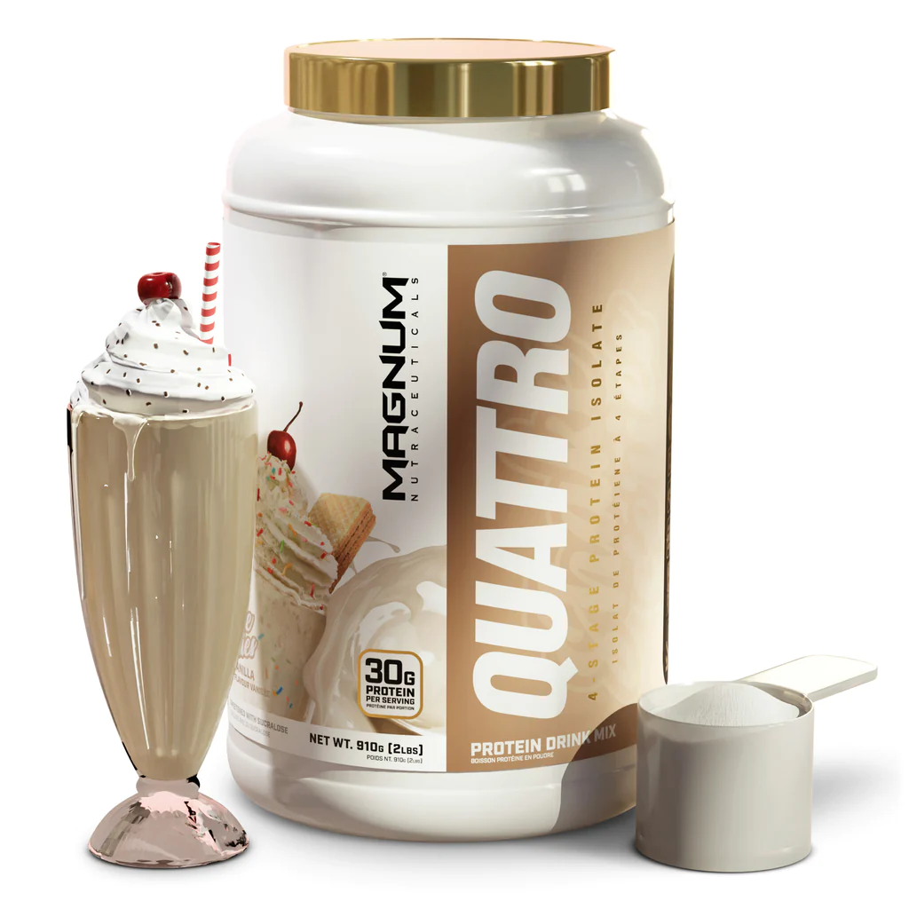 Magnum Quattro Shake Series jar with gold lid beside a milkshake glass, showcasing a premium protein blend for muscle development and recovery.