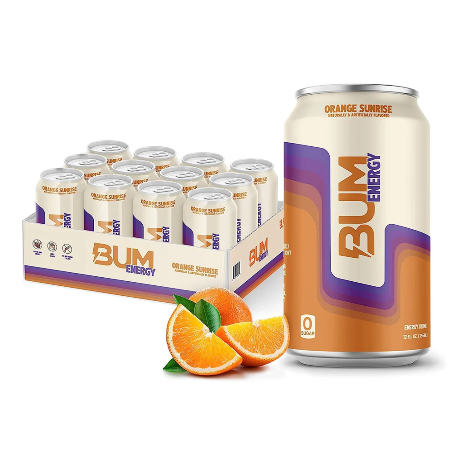 CBUM Energy RTD Case of 12 cans beside fresh oranges, highlighting its clean energy boost and focus-enhancing Cognizin, perfect for fitness and mental sharpness.