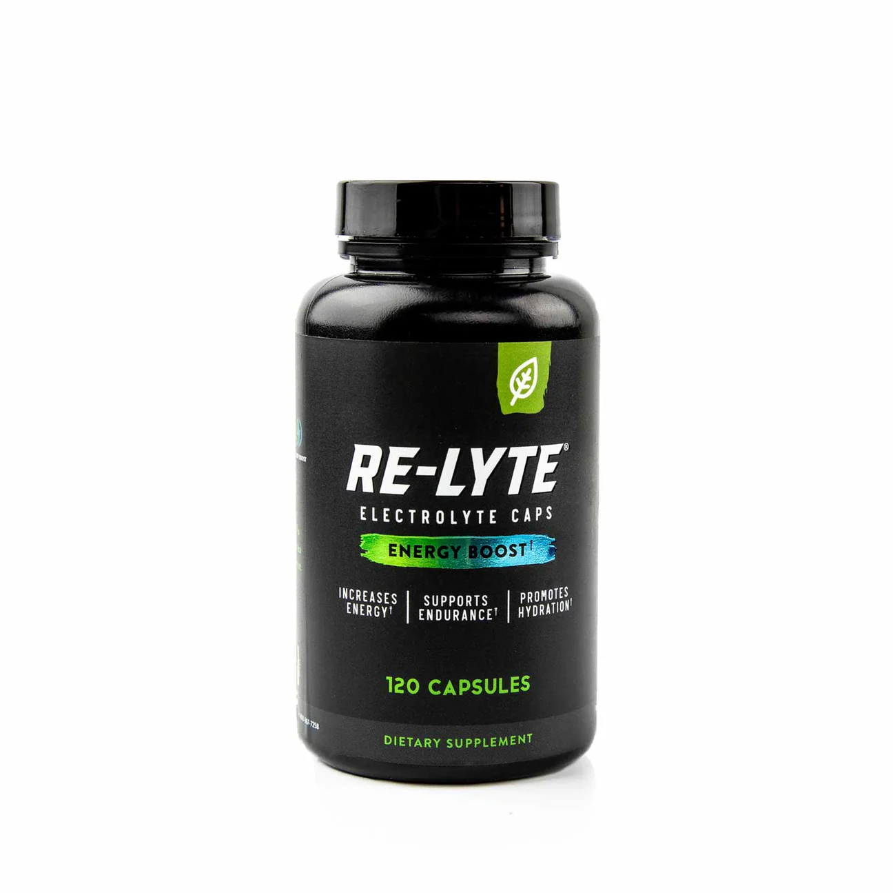 Re-Lyte Energy Boost 120 Caps in a black bottle with white text, featuring ingredients like green tea extract, ginseng, and maca for a clean energy boost.