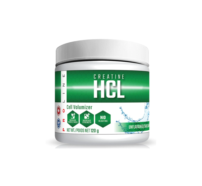 Proline Creatine HCL Unflavoured container with green label, enhancing muscle strength and size through superior absorption.