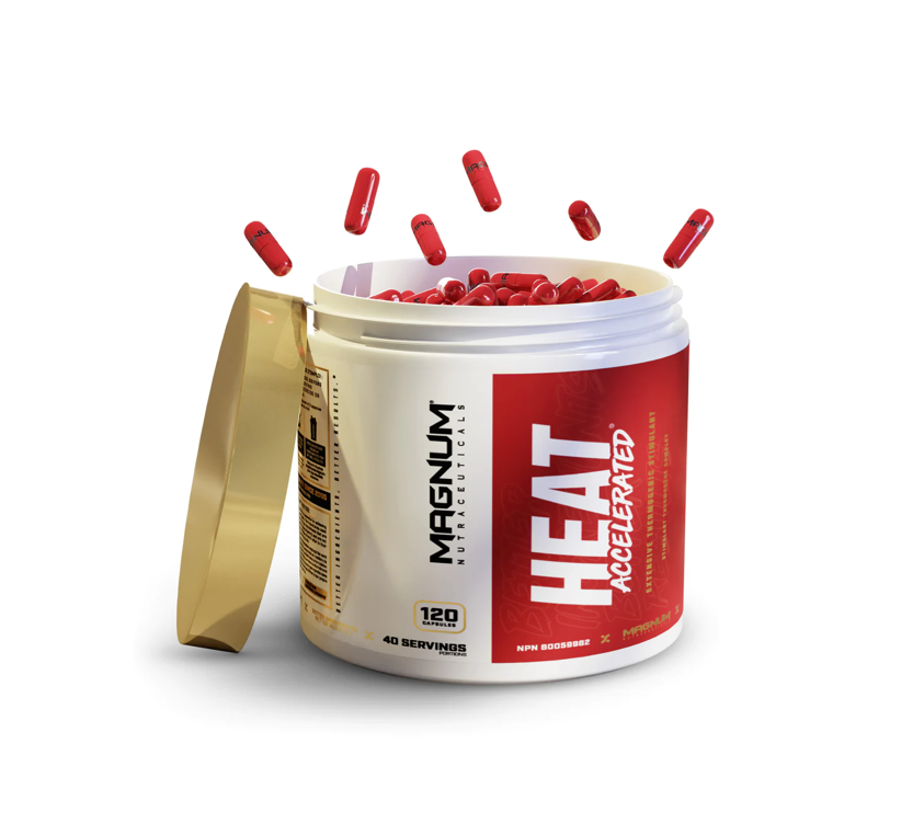 Magnum Heat 120 Cap: White container with red capsules spilling out, designed to enhance fat burning and energy during workouts.