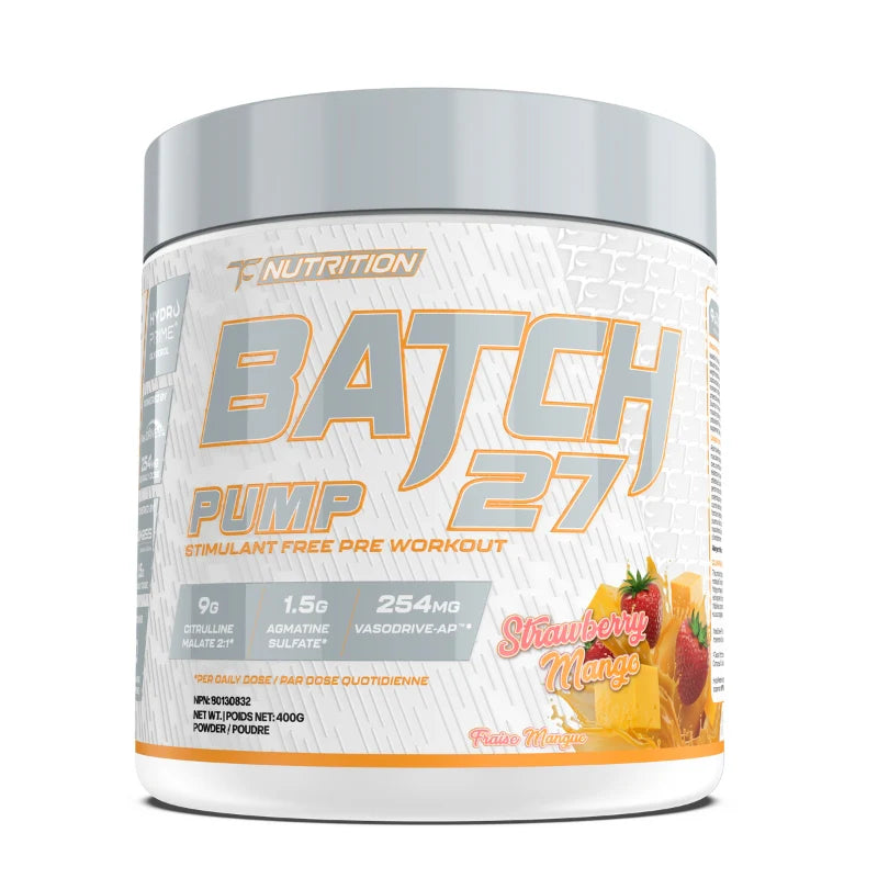 TC Nutrition Batch 27 STIM FREE in a white container, featuring text and logo, offers stimulant-free pre-workout benefits for enhanced muscle pumps and endurance.