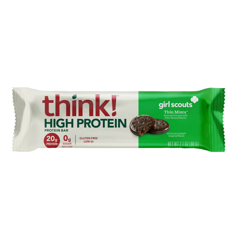 Think! Protein Bar in green package, featuring a chocolate chip cookie image with a bite taken out, emphasizing keto-friendly, low-sugar indulgence.