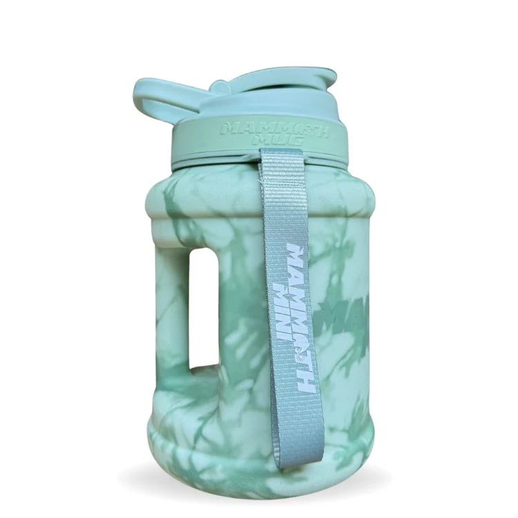 Mammoth Mug Mini 1.5L with wrist lanyard, redesigned leak-proof lid, engraved scale, wide mouth for easy cleaning, and built-in handle for efficient hydration tracking.