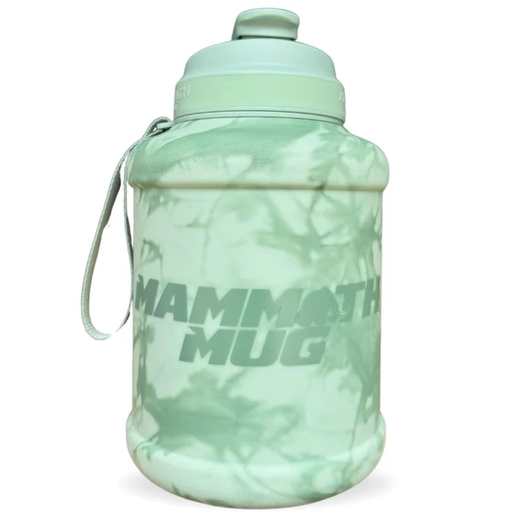 Mammoth Mug 2.5L water bottle with a redesigned lid, engraved scale, and wrist lanyard. Features a wide mouth, handle, and leak-proof shaker cap.