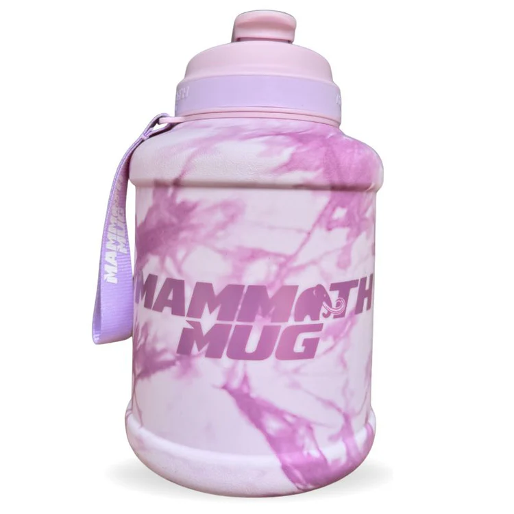 Mammoth Mug 2.5L with redesigned lid, wide mouth, and reinforced handle. Features engraved scale, leak-proof cap, and wrist lanyard for easy carrying.
