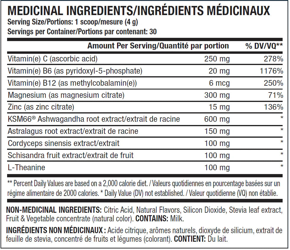 Unwind ANS Performance nutrition label close-up, detailing ingredients like KSM-66® Ashwagandha, Magnesium, Zinc, and B Vitamins for stress reduction and energy boost.