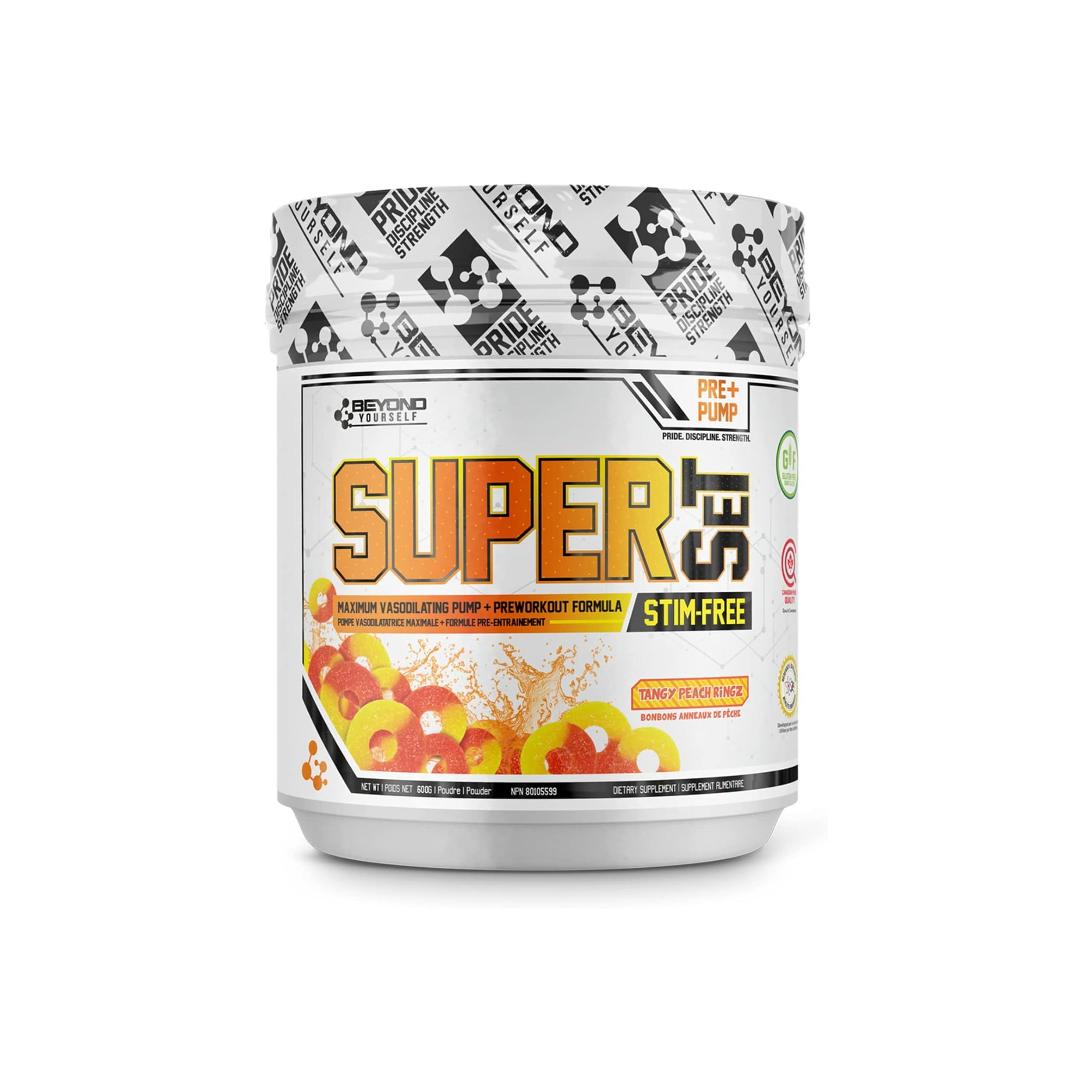 Beyond Yourself Superset Stim Free pre-workout in a white container with black and orange labels, designed to enhance performance without stimulants.
