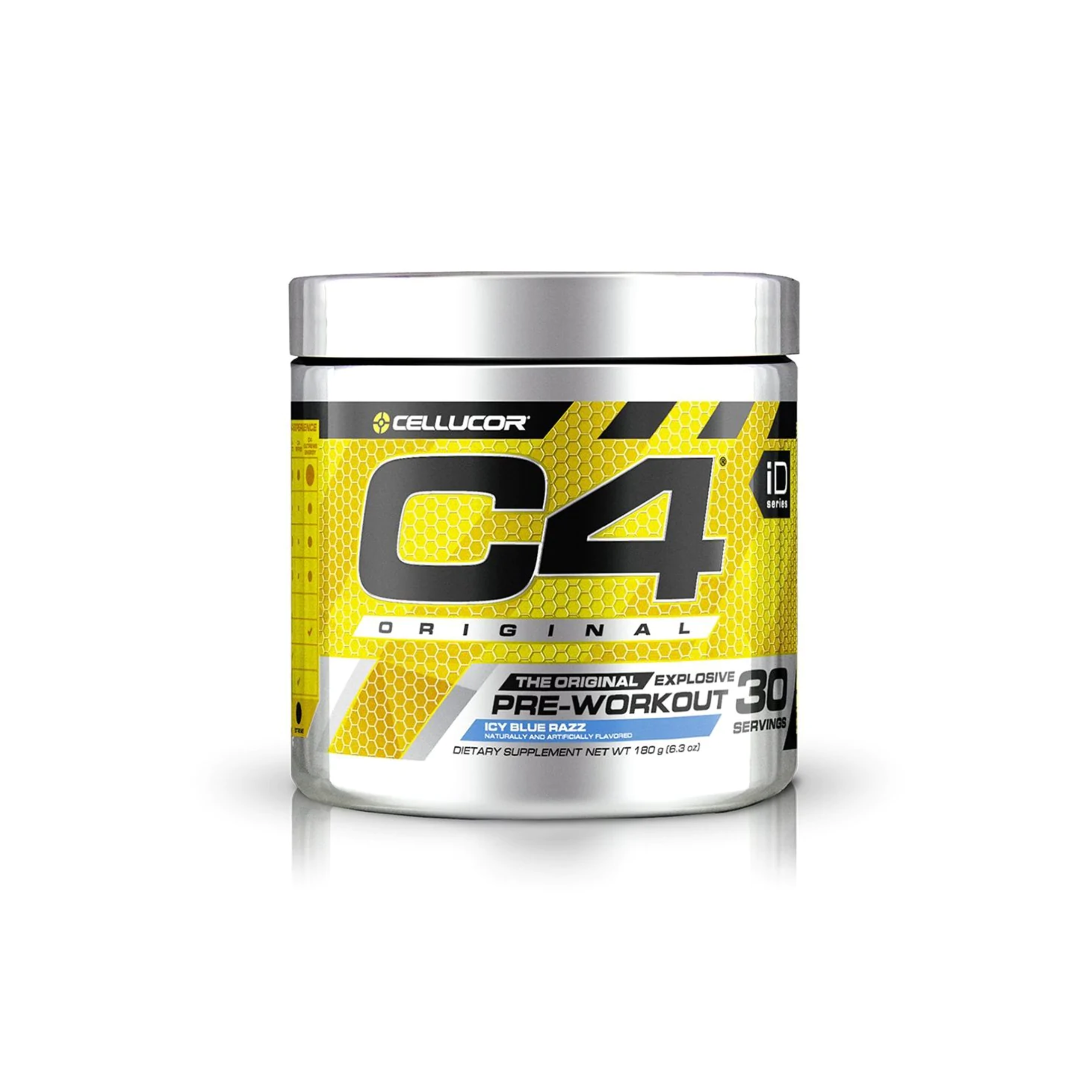 Cellucor C4 Original 30 Serv pre-workout container with yellow and black logo, highlighting explosive energy and focus for fitness enthusiasts.