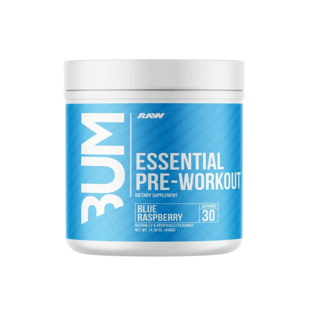BUM Essential Pre Workout 30 Serv container with a blue label, designed for enhancing workouts with key ingredients like L-Citrulline, Beta Alanine, and Caffeine.