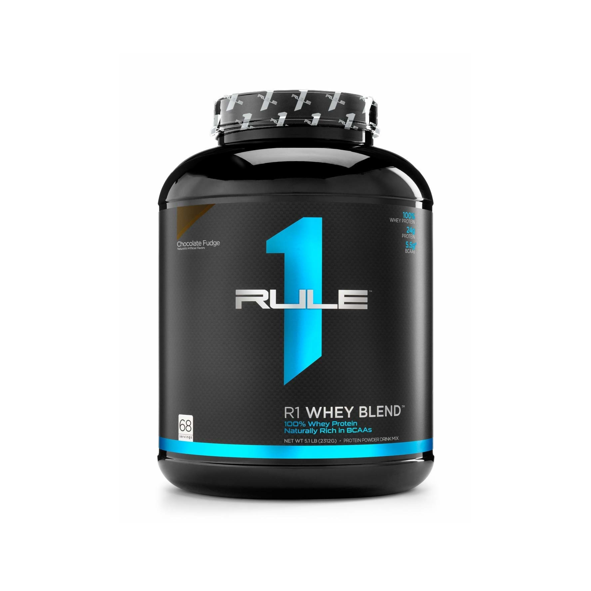 Rule 1 Whey 5lb container with blue label, emphasizing 24g protein, zero added sugars, and 5g BCAAs, ideal for fitness enthusiasts seeking high-quality supplements.
