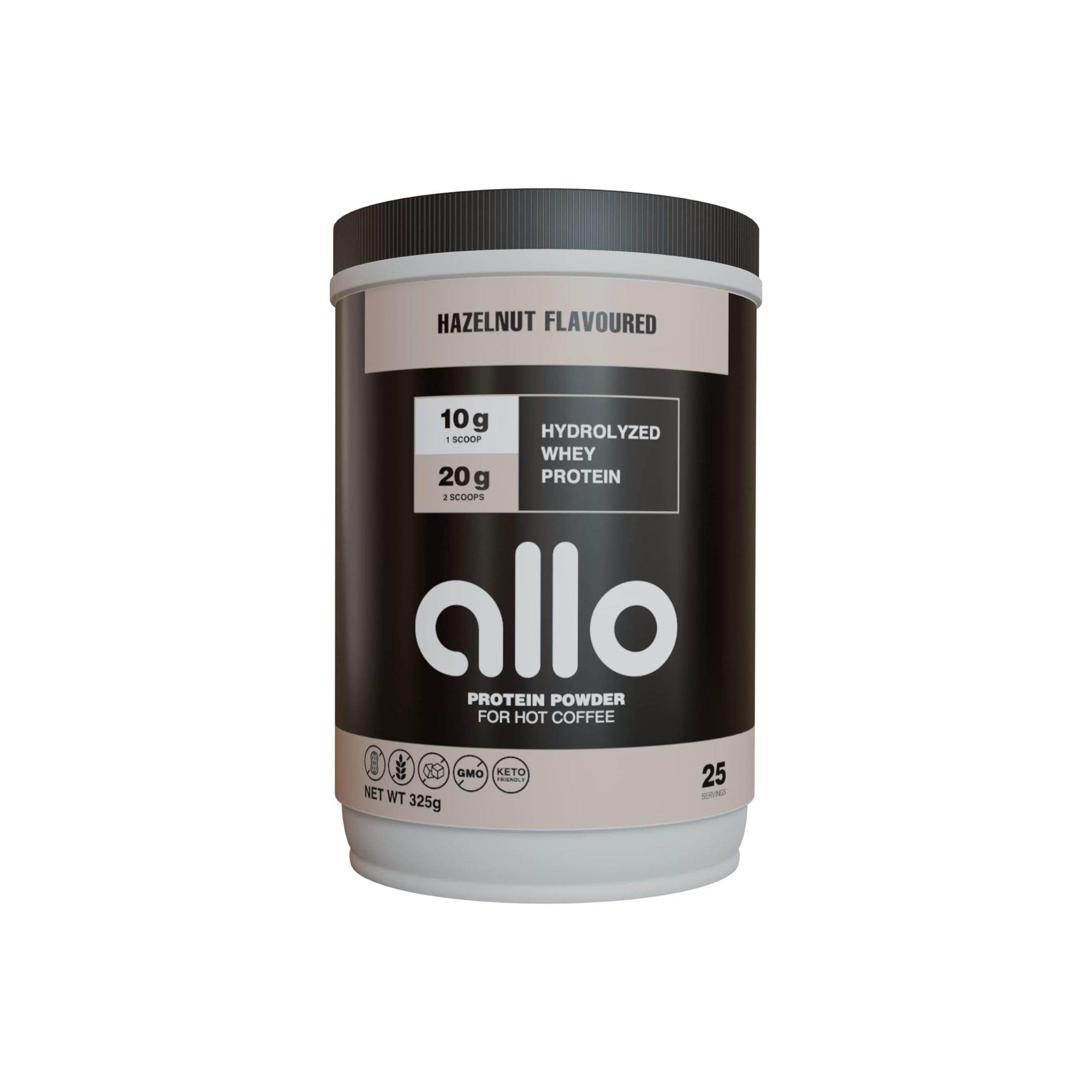 Allo Protein 325g container with black label, designed for adding 10g of protein to hot coffee, featuring smooth, clump-free mixing for fitness enthusiasts.