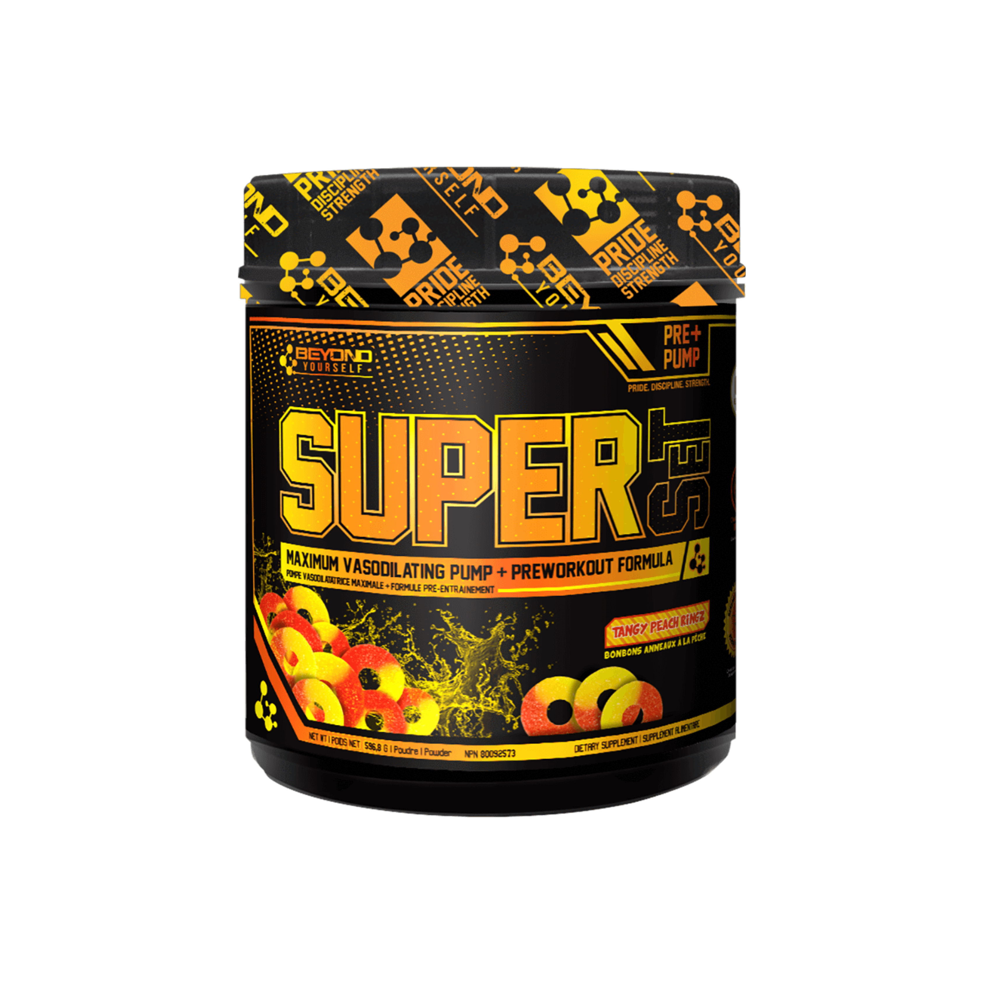 Beyond Yourself Superset Pre Workout in a black container with vibrant labels, designed to enhance exercise performance and reduce fatigue with science-backed ingredients.