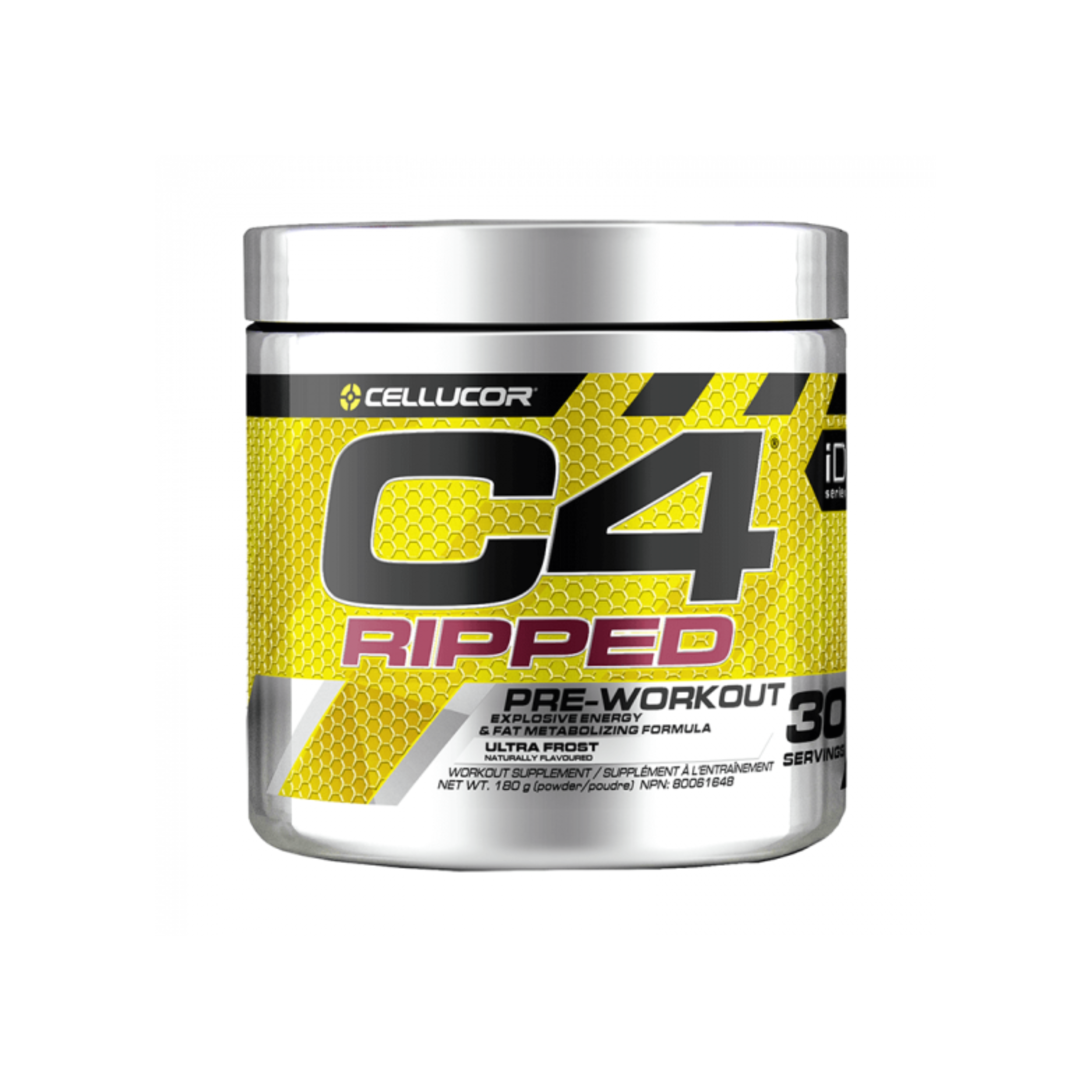 Cellucor C4 Ripped 30 Serv can, a creatine-free pre-workout supplement, promoting fat loss and energy boost for enhanced training performance.