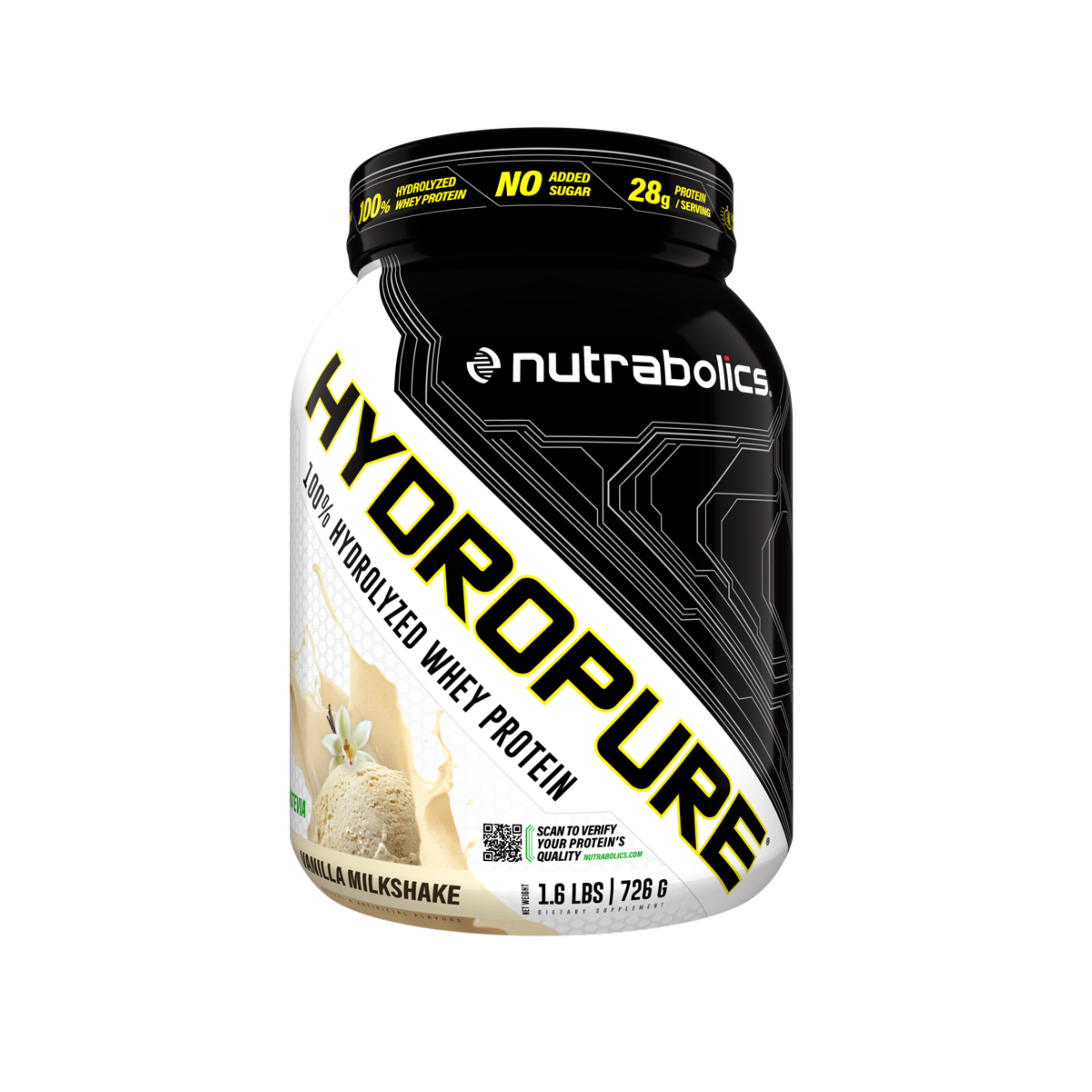Nutrabolics Hydropure 1.6lb black container with white text, designed for rapid absorption and muscle building, ideal for athletes seeking high-quality, gluten-free whey protein.