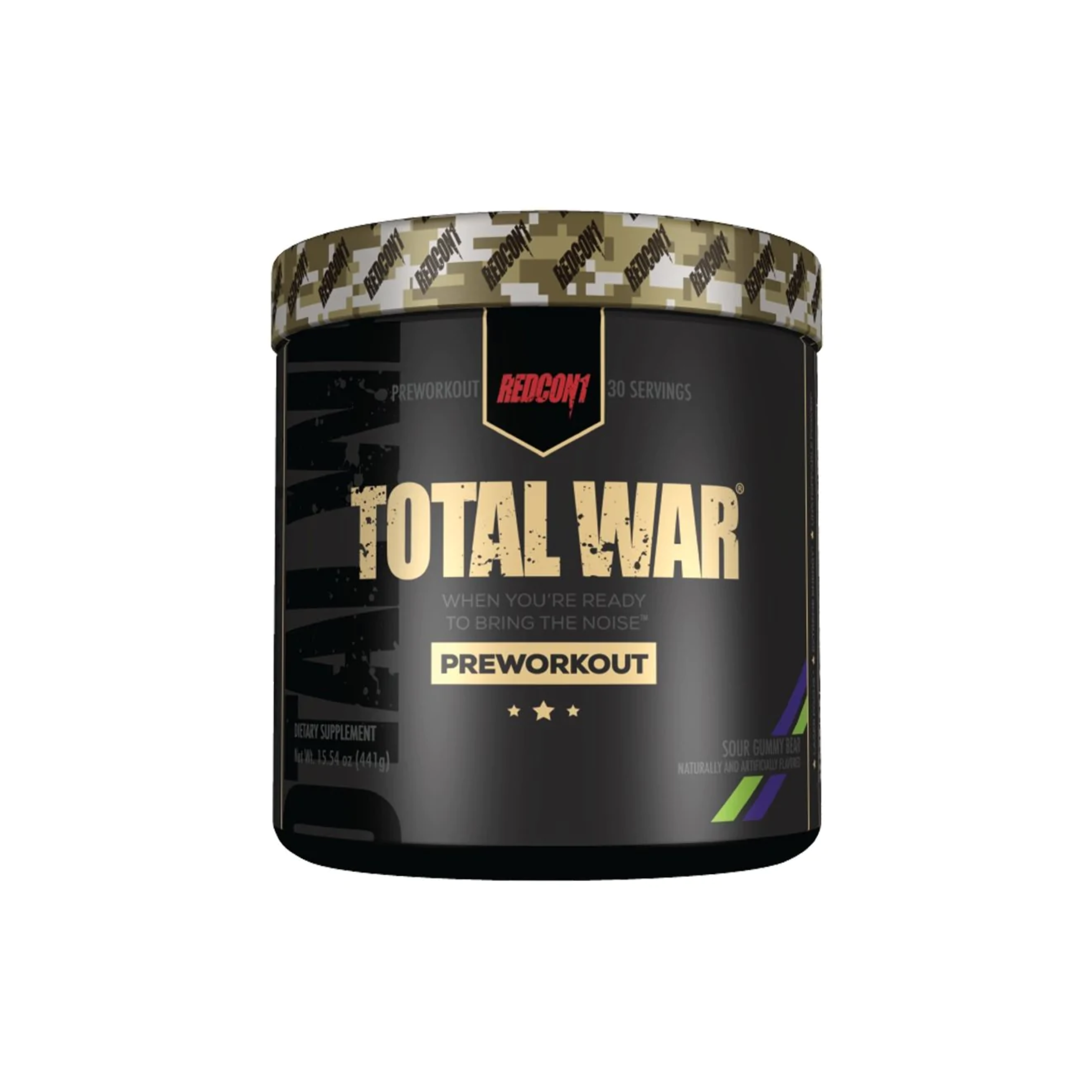 Redcon1 Total War pre-workout supplement in a sleek black container with gold text, designed for intense energy and enhanced focus during workouts.