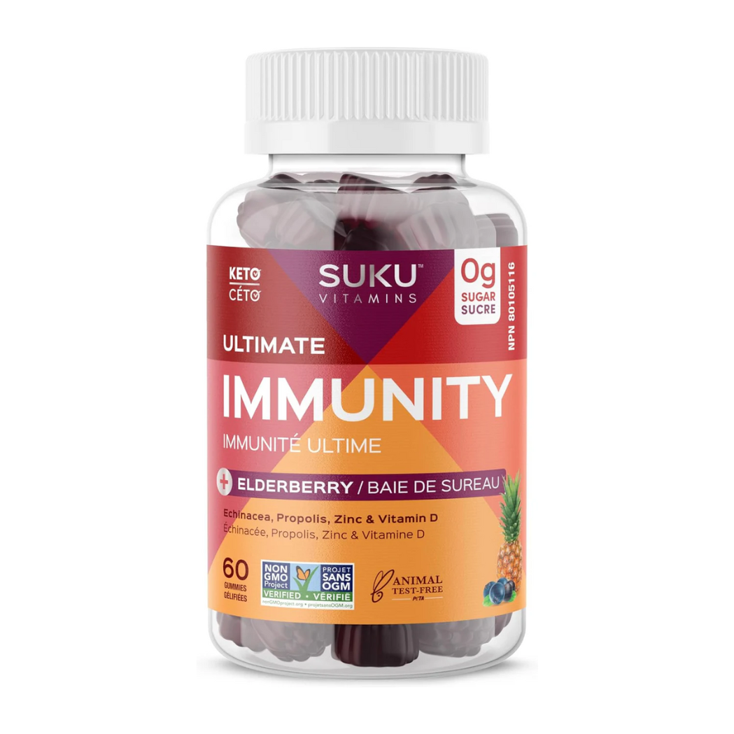 Suku Immunity Gummies bottle, featuring immune-boosting ingredients like elderberry and echinacea, designed for optimal health support.