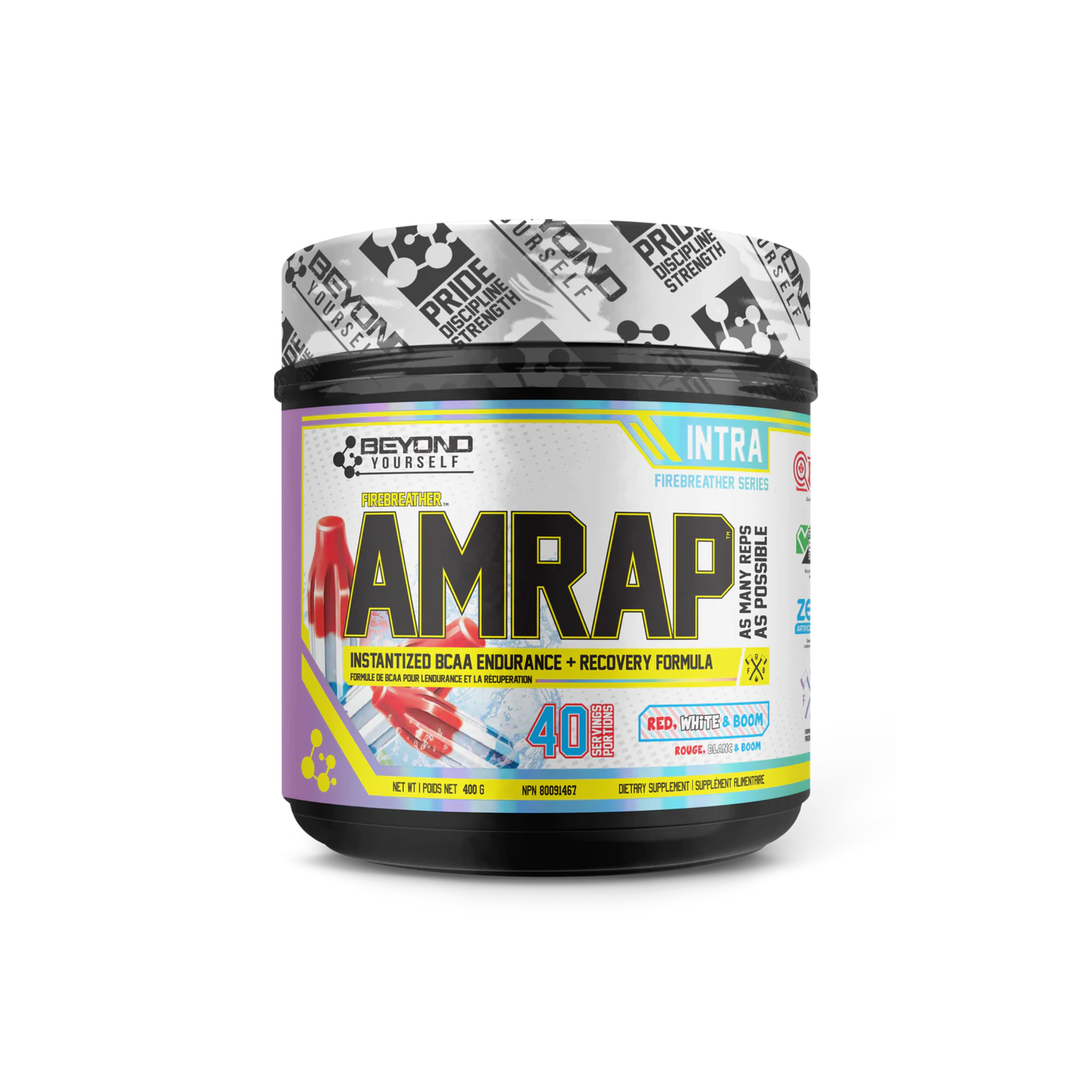Beyond Yourself AMRAP 40 Serv container with a white label, offering plant-based BCAA formula designed for enhanced workout performance and recovery.